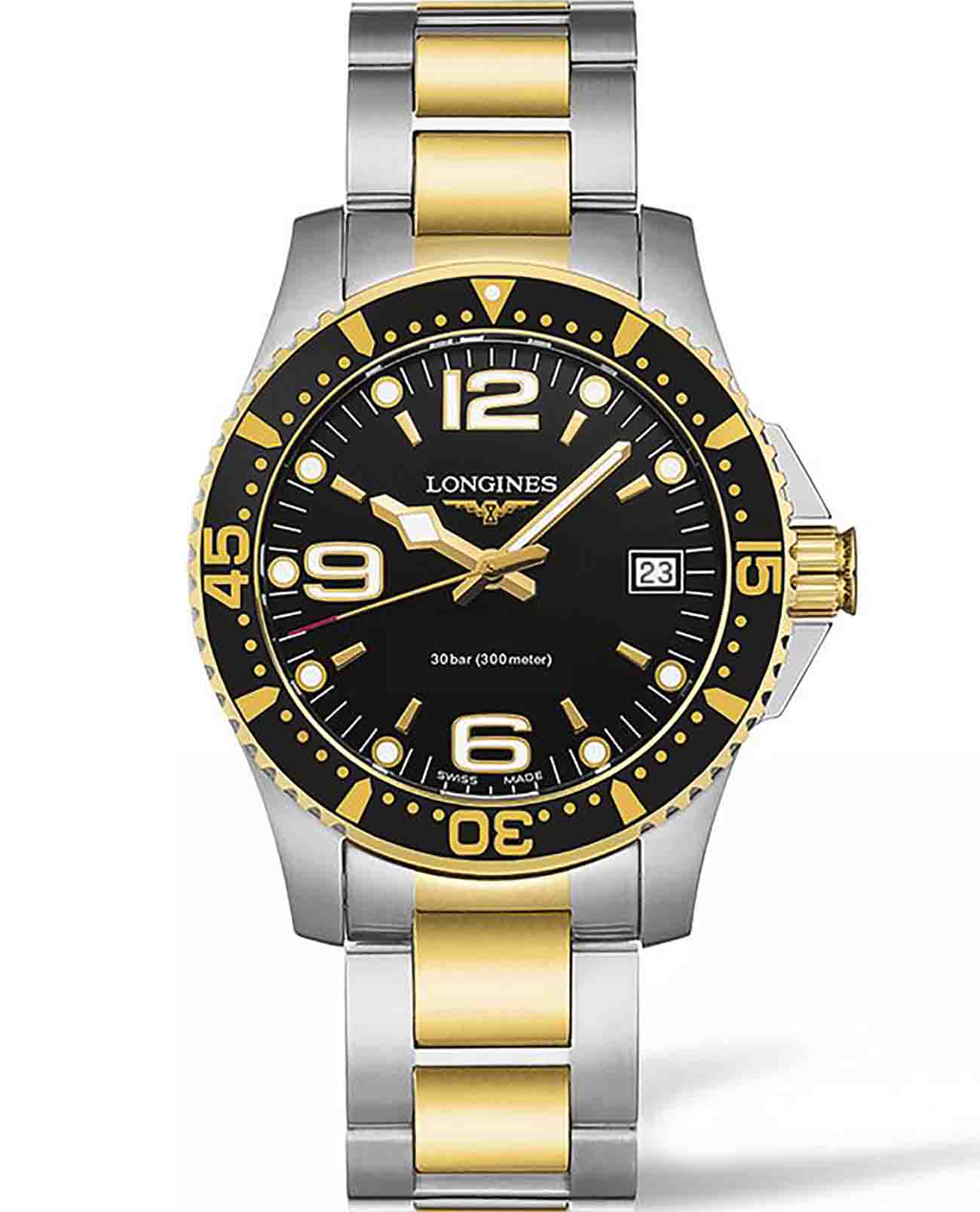 Longines Longines Hydroconquest L3.340.3.56.7  L33403567 кварцевые женские часы черный циферблат, браслет сталь c pvd покрытием — вид спереди